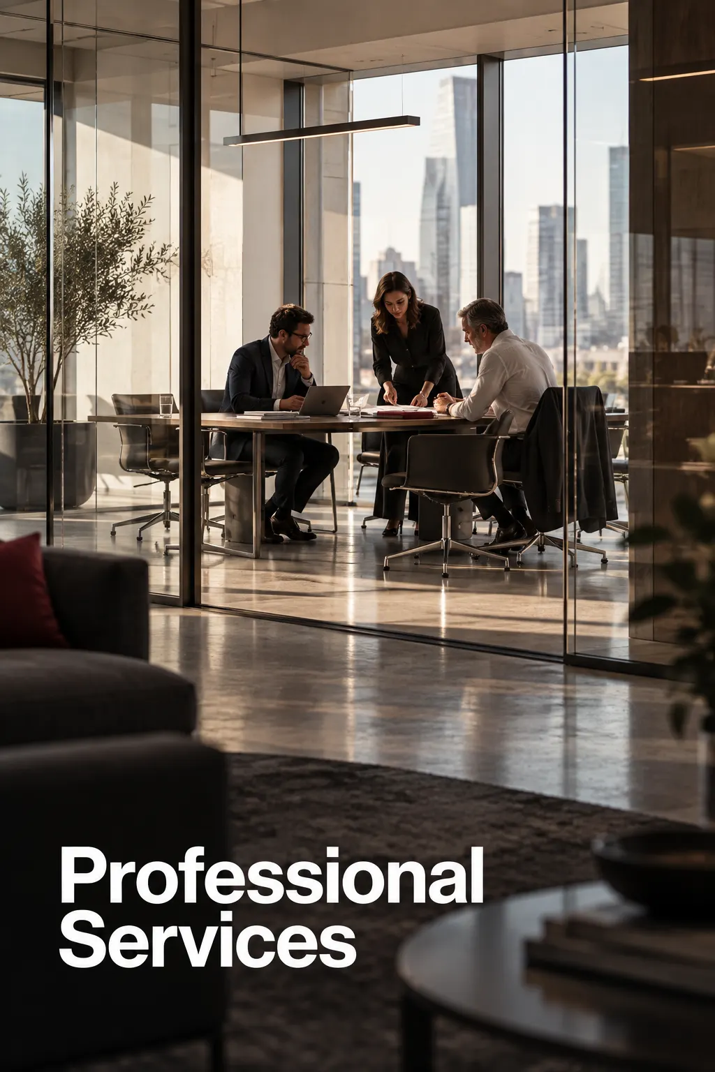 Professional Services sector card: advisers meeting in a glass office