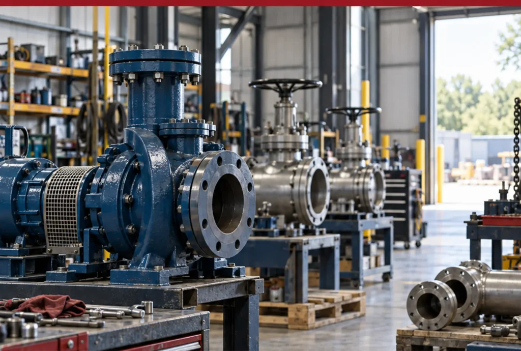 Industrial valves and pumps in an energy services workshop
