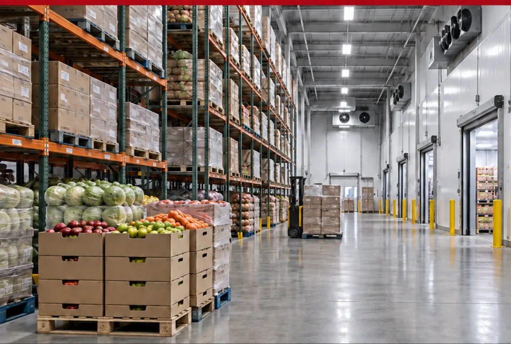 Refrigerated food distribution warehouse with stocked racking