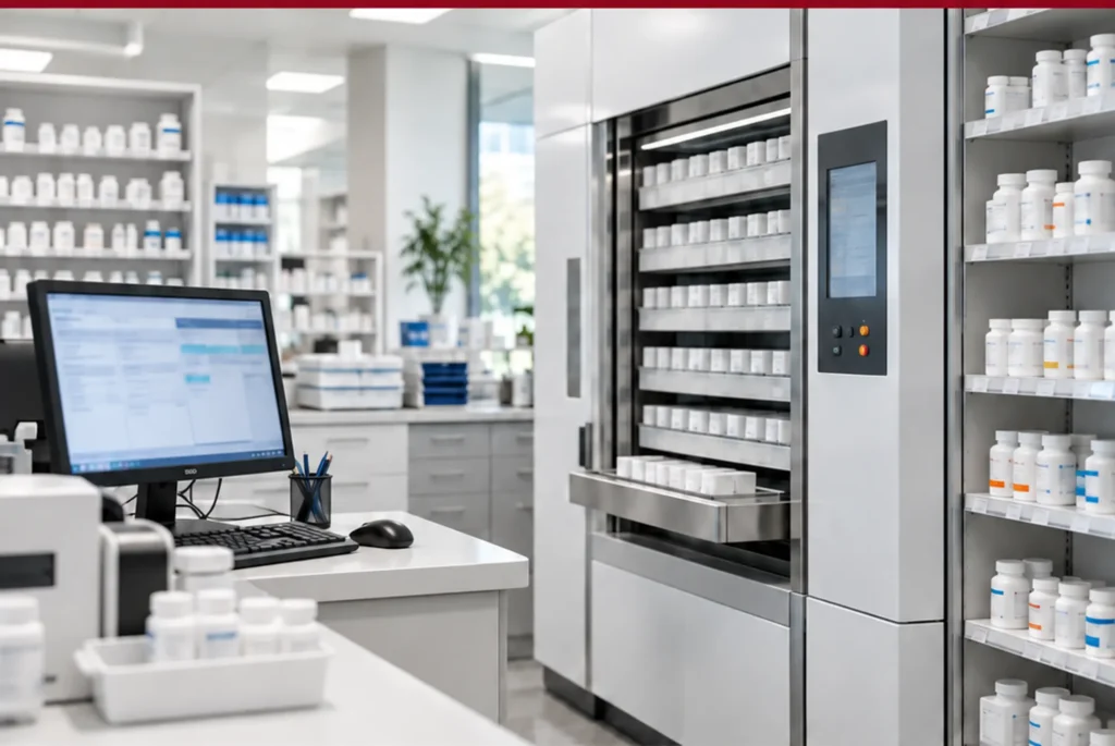 Pharmacy dispensing area with automated medication storage