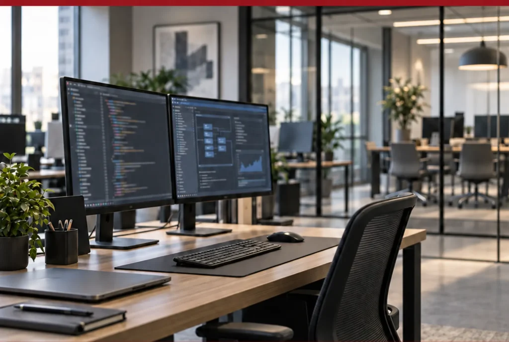 Software development workspace with dual monitors