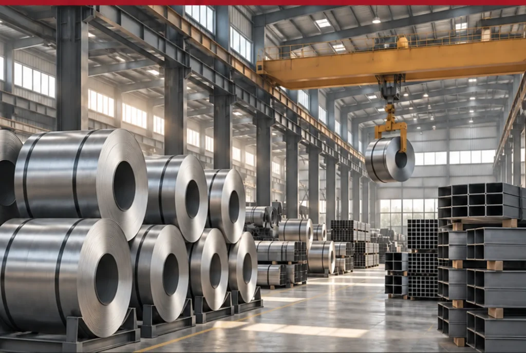 Steel coils and stock inside an industrial facility